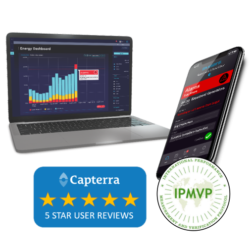 Computer and smart phone showing analytics software with capterra five star rating and ipmvp logo.